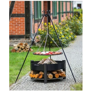 Farm-Mdlt Grille barbecue sur trépied + Brasero avec range bois SOLAFA en acier pas cher