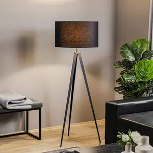 Domiluce Lampe sur pied Tago, trépied, abat-jour noir/doré pas cher