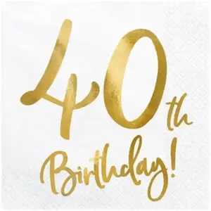 PartyDeco Merkloos / Sans marque Party Deco Serviettes en papier pour anniversaire 40 ans avec inscription dorée 33 x 33 cm pas cher