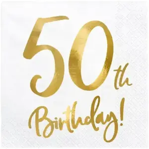 PartyDeco Party Deco SP33-77-50-008 - Serviettes 50. Anniversaire - Blanc avec Inscription doré - 33x33cm (1 VPE / 20 STK.) pas cher