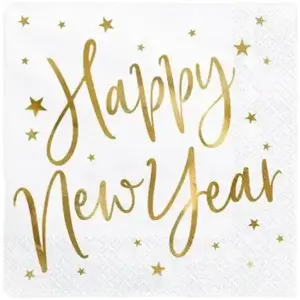 PartyDeco Party-Decoration Lot de 20 serviettes en papier blanches Happy New Year or 33 x 33 cm pas cher