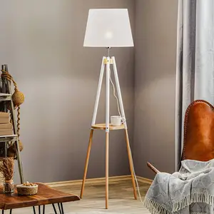 TK Lighting Lampadaire Vaio trépied en bois, abat-jour blanc