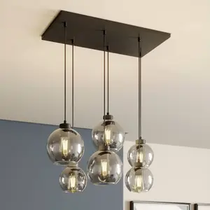 TK Lighting Suspension Cubus, gris fumé, verre, 74 cm de long, à 6 lampes