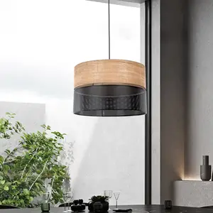 Comparateur de prix : TK Lighting Suspension Nicol, noir/imitation bois, Ø 50 cm, 1 lampe à ...