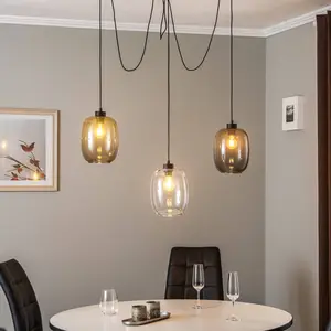 TK Lighting Suspension Elio, verre, brun/clair/gris, 3 lampes, décentr... pas cher