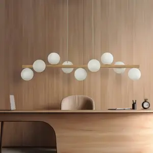 TK Lighting Suspension Estera, verre opalin, bois, à 9 lampes pas cher