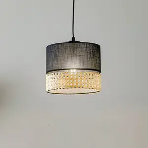 TK Lighting Suspension Paglia noire/rotin à une lampe 20 cm pas cher