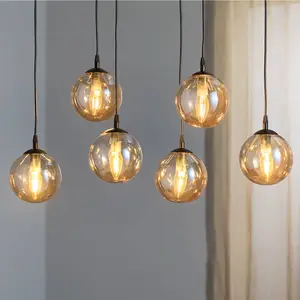 EMIBIG LIGHTING Suspension Glassy, 6 lampes, noir, ambre, verre, 75 cm pas cher
