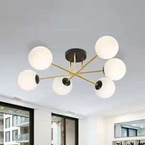 Comparateur de prix : Grand plafonnier laiton noir avec boules en verre blanc 6x E14
