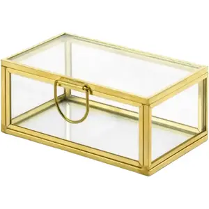 Partydeco Merkloos / Sans marque Boîte en verre 9 x 5,5 x 4 cm - Boîte à bijoux décorative - Couvercle - Boîte à bijoux - Boîte cadeau de mariage - Transparente et dorée pas cher