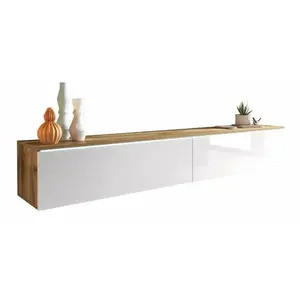 Mirjan24 Mobilier1 - Meuble tv Sarasota 121, Wotan chêne + Blanc brillant, Le nombre de portes: 0, Nombre de tiroirs: 0, 180x30x33cm, led pas cher