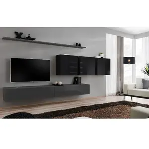 Paris Prix Meuble TV Mural Design "Switch VII" 340cm Gris & Noir pas cher