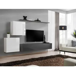 AC-DÉCO Meuble TV Mural Design "Switch V" 250cm Blanc & Gris pas cher