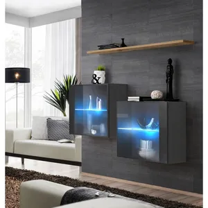 Comparateur de prix : AC-DÉCO Commode Switch SB III - 2 vitrines LED - 1 étagère - Bois et graphite