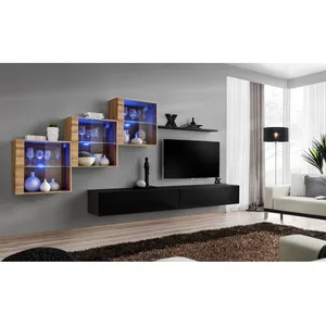 AC-DÉCO Meuble TV Mural Design "Switch XX" 330cm Noir & Naturel pas cher