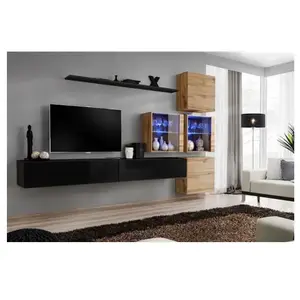 Comparateur de prix : Ensemble mural - AC-DÉCO - Switch XIX - 4 vitrines - 2 bancs TV - Bois et noir