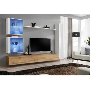 AC-DÉCO Meuble TV Mural Design "Switch XVIII" 280cm Naturel & Blanc pas cher