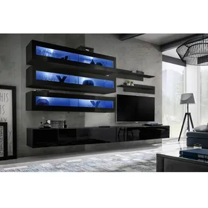 Comparateur de prix : AC-DÉCO Ensemble Mural - Fly J - 3 Rangements Led - 2 Meubles Tv - 2 Étagères - Noir - Modèle 1