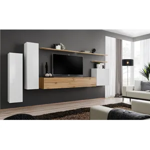 AC-DÉCO Meuble TV Mural Design "Switch I" 330cm Blanc & Naturel pas cher