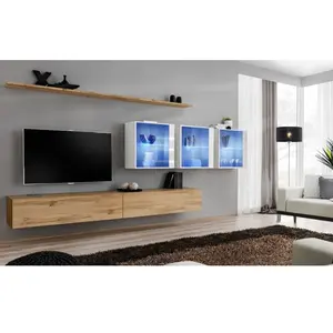 Comparateur de prix : Paris Prix Meuble TV Mural Design "Switch XVII" 340cm Naturel & Blanc