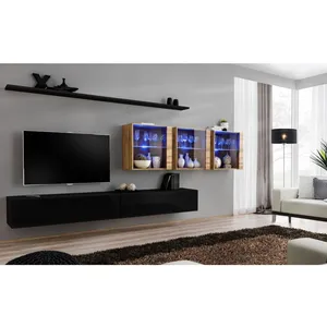 Ensemble mural - AC-DÉCO - Switch XVII - 3 vitrines LED - 2 banc TV - Bois et noir