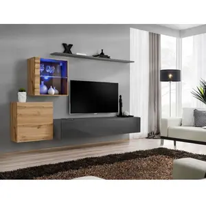 Paris Prix Meuble TV Mural Design "Switch XV" 260cm Gris & Naturel pas cher