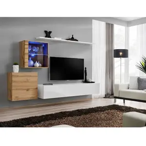 Ensemble mural - AC-DÉCO - Switch XV - 2 vitrines - 1 banc TV - Bois et blanc pas cher