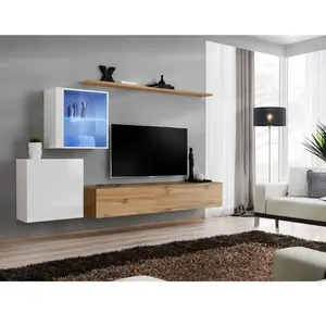 Paris Prix Meuble TV Mural Design "Switch XV" 260cm Naturel & Blanc pas cher
