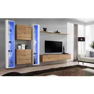 AC-DÉCO Meuble TV Mural Design "Switch XVI" 330cm Naturel & Blanc pas cher