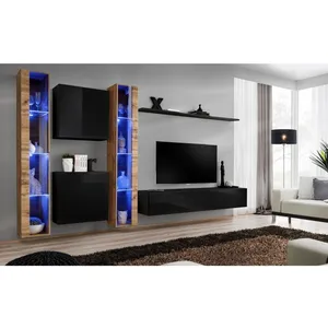 AC-DÉCO Meuble TV Mural Design "Switch XVI" 330cm Noir & Naturel pas cher