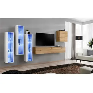 Paris Prix Meuble TV Mural Design "Switch XIII" 330cm Naturel & Blanc pas cher