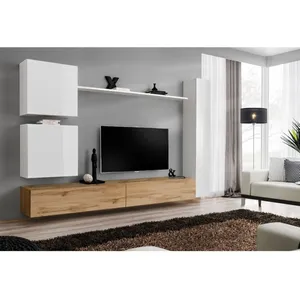 AC-DÉCO Meuble TV Mural Design "Switch VIII" 280cm Blanc & Naturel pas cher