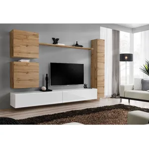 Comparateur de prix : Assmann Electronic Meuble TV Mural Design "Switch VIII" 280cm Naturel & Blanc
