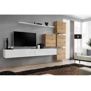Comparateur de prix : Paris Prix Meuble TV Mural Design "Switch IX" 310cm Blanc & Naturel