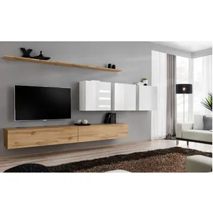 AC-DÉCO Meuble TV Mural Design "Switch VII" 340cm Naturel & Blanc pas cher