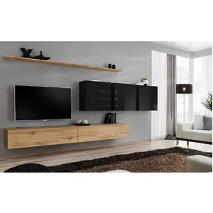AC-DÉCO Meuble TV Mural Design "Switch VII" 340cm Naturel & Noir pas cher