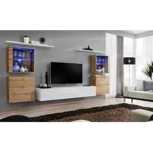 AC-DÉCO Meuble TV Mural Design "Switch XIV" 320cm Naturel & Blanc