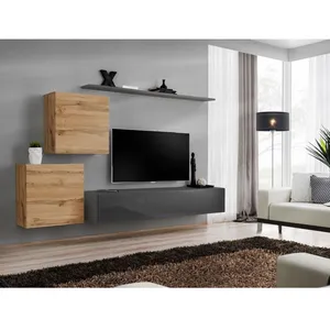 AC-DÉCO Meuble TV Mural Design "Switch V" 250cm Naturel & Gris
