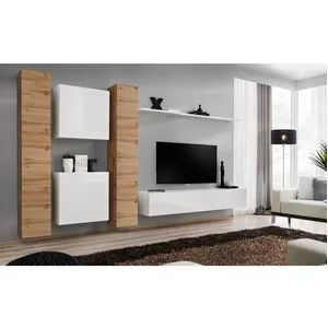 Comparateur de prix : Paris Prix Meuble TV Mural Design "Switch VI" 330cm Naturel & Blanc