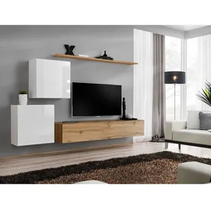 AC-DÉCO Meuble TV Mural Design "Switch V" 250cm Blanc & Naturel pas cher