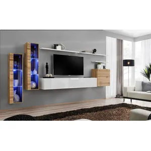 AC-DÉCO Meuble TV Mural Design "Switch XI" 330cm Naturel & Blanc pas cher