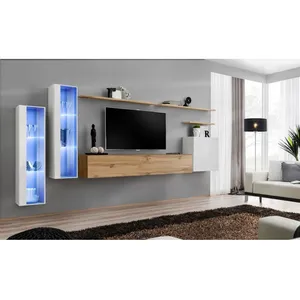 AC-DÉCO Meuble TV Mural Design "Switch XI" 330cm Blanc & Naturel pas cher