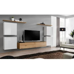 Paris Prix Meuble TV Mural Design "Switch IV" 320cm Blanc & Naturel