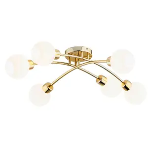 Argon Plafonnier Marlo, couleur laiton, verre opalin, 6 lampes pas cher