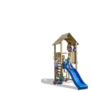 Aire de jeux en bois avec toboggan bleu et mur d'escalade FungooVendu parkaufland