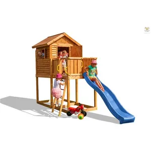 Aire de jeux en bois marron avec toboggan bleu et maison Fungoo
