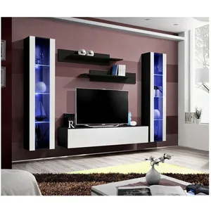 VENETI Meuble tv mural design fly ii 260cm blanc & noir pas cher