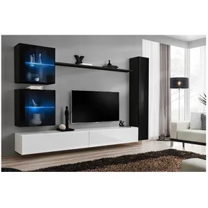 Paris Prix Meuble TV Mural Design "Switch XVIII" 280cm Blanc & Noir pas cher