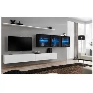 Meuble TV Mural Design "Switch XVII" 340cm Blanc & Noir pas cher