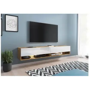 PIASKI Bratex - Meuble tv Lowboard a 180 cm, meuble tv avec éclairage led, deux étagères, coloris wotan blanc brillant pas cher